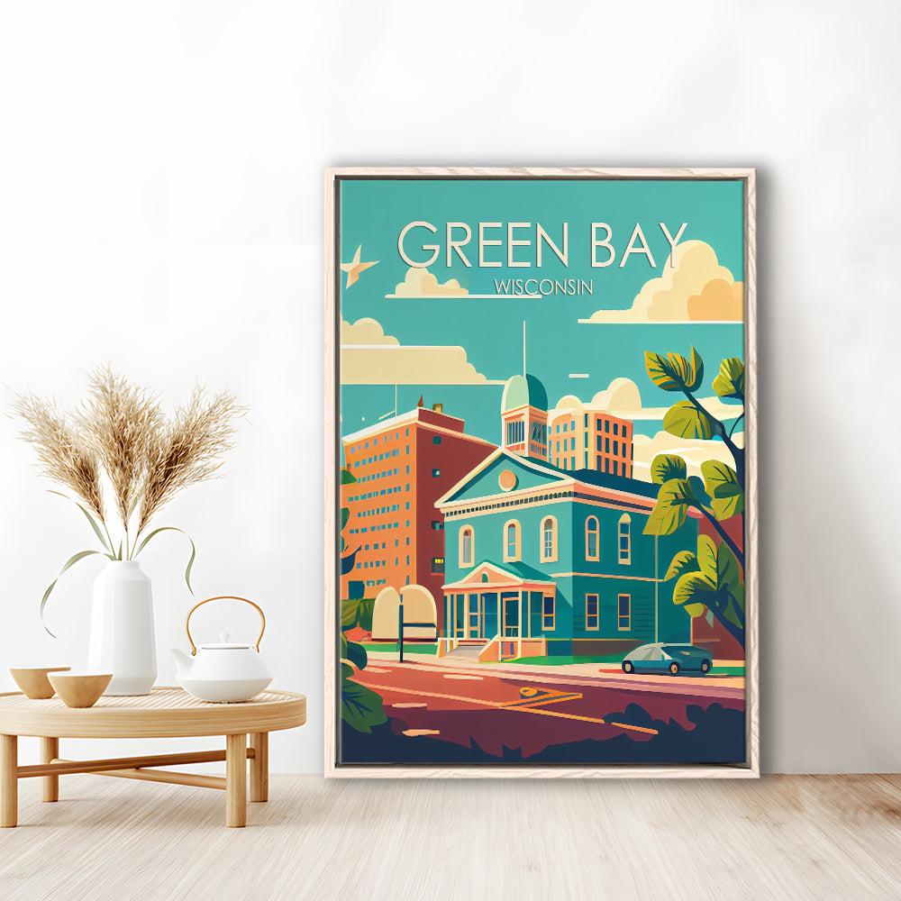 Green Bay Wisconsin Retro Art Print, Green Bay City Wall Art, Floating Framed Canvas Print, Framed Picture, Painting Canvas