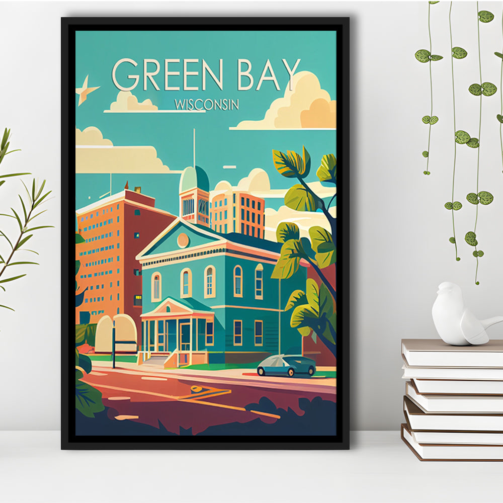 Green Bay Wisconsin Retro Art Print, Green Bay City Wall Art, Floating Framed Canvas Print, Framed Picture, Painting Canvas
