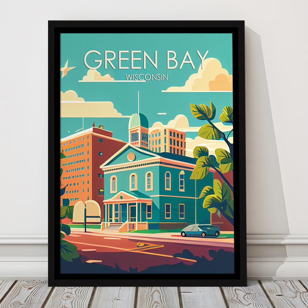 Green Bay Wisconsin Retro Art Print, Green Bay City Wall Art, Floating Framed Canvas Print, Framed Picture, Painting Canvas