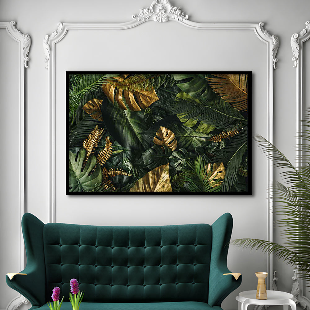 Green And Golden Tropical Foliages Art Prints, Extra Large Wall Art, Floral Decor, Framed Art Print, Picture Framed
