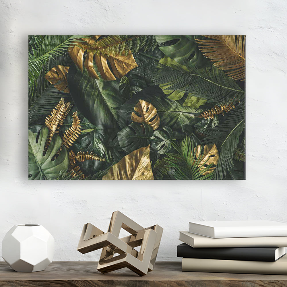 Green and Golden Tropical Foliages Canvas Print, Extra Large Wall Art, Floral Decor, Cavas Print Wall Art Hom Decor