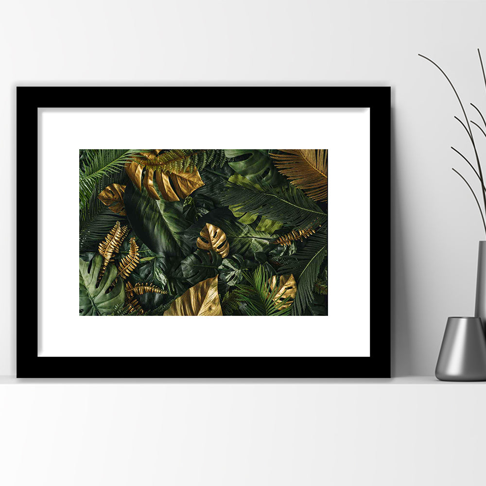 Green And Golden Tropical Foliages Art Print, Extra Large Wall Art, Floral Decor, Framed Art Print White Border
