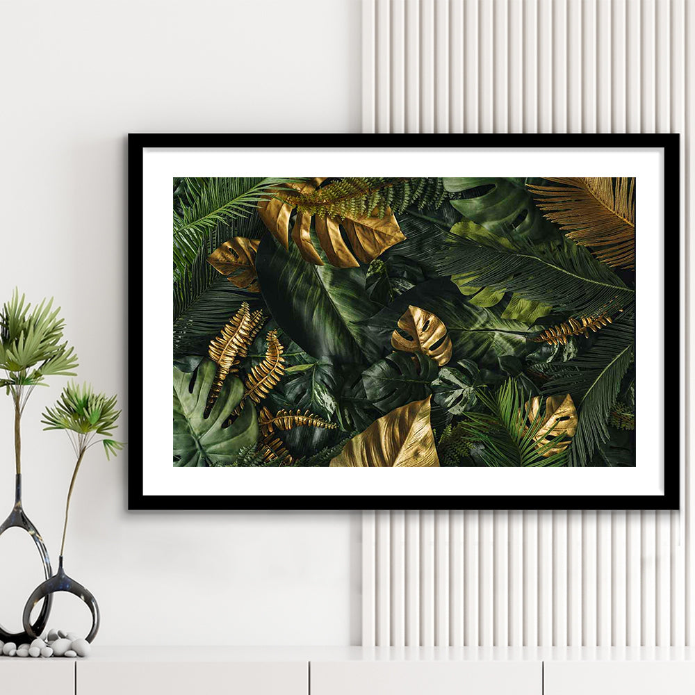 Green And Golden Tropical Foliages Art Print, Extra Large Wall Art, Floral Decor, Framed Art Print White Border