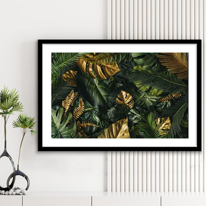 Green And Golden Tropical Foliages Art Print, Extra Large Wall Art, Floral Decor, Framed Art Print White Border