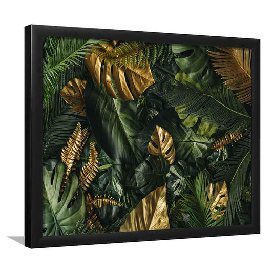 Green And Golden Tropical Foliages Art Prints, Extra Large Wall Art, Floral Decor, Framed Art Print, Picture Framed