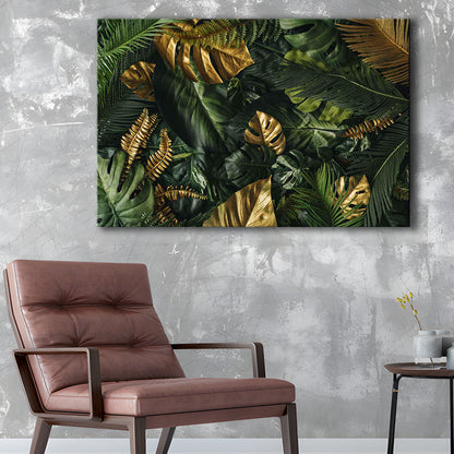 Green and Golden Tropical Foliages Canvas Print, Extra Large Wall Art, Floral Decor, Cavas Print Wall Art Hom Decor
