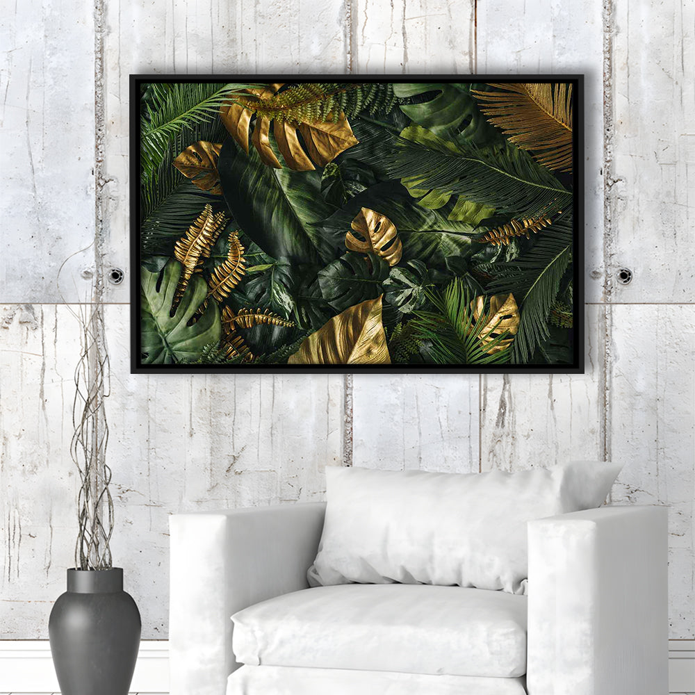 Green And Golden Tropical Foliages Canvas Print, Extra Large Wall Art, Framed Cavas Print, Floating Frame