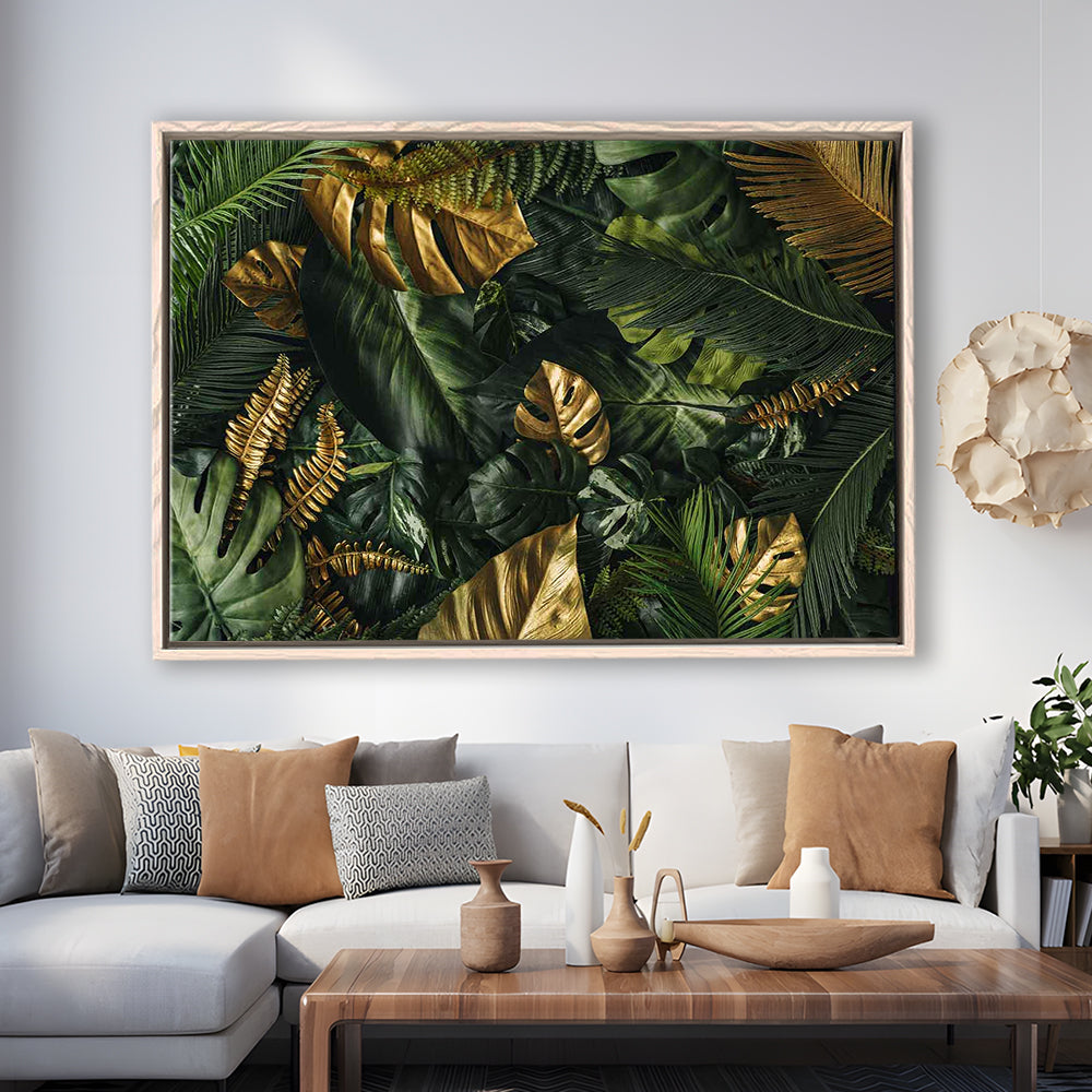 Green And Golden Tropical Foliages Canvas Print, Extra Large Wall Art, Framed Cavas Print, Floating Frame