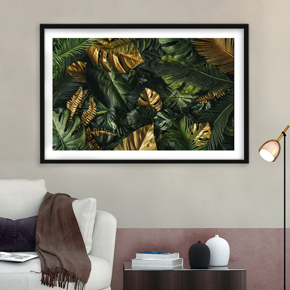 Green And Golden Tropical Foliages Art Print, Extra Large Wall Art, Floral Decor, Framed Art Print White Border
