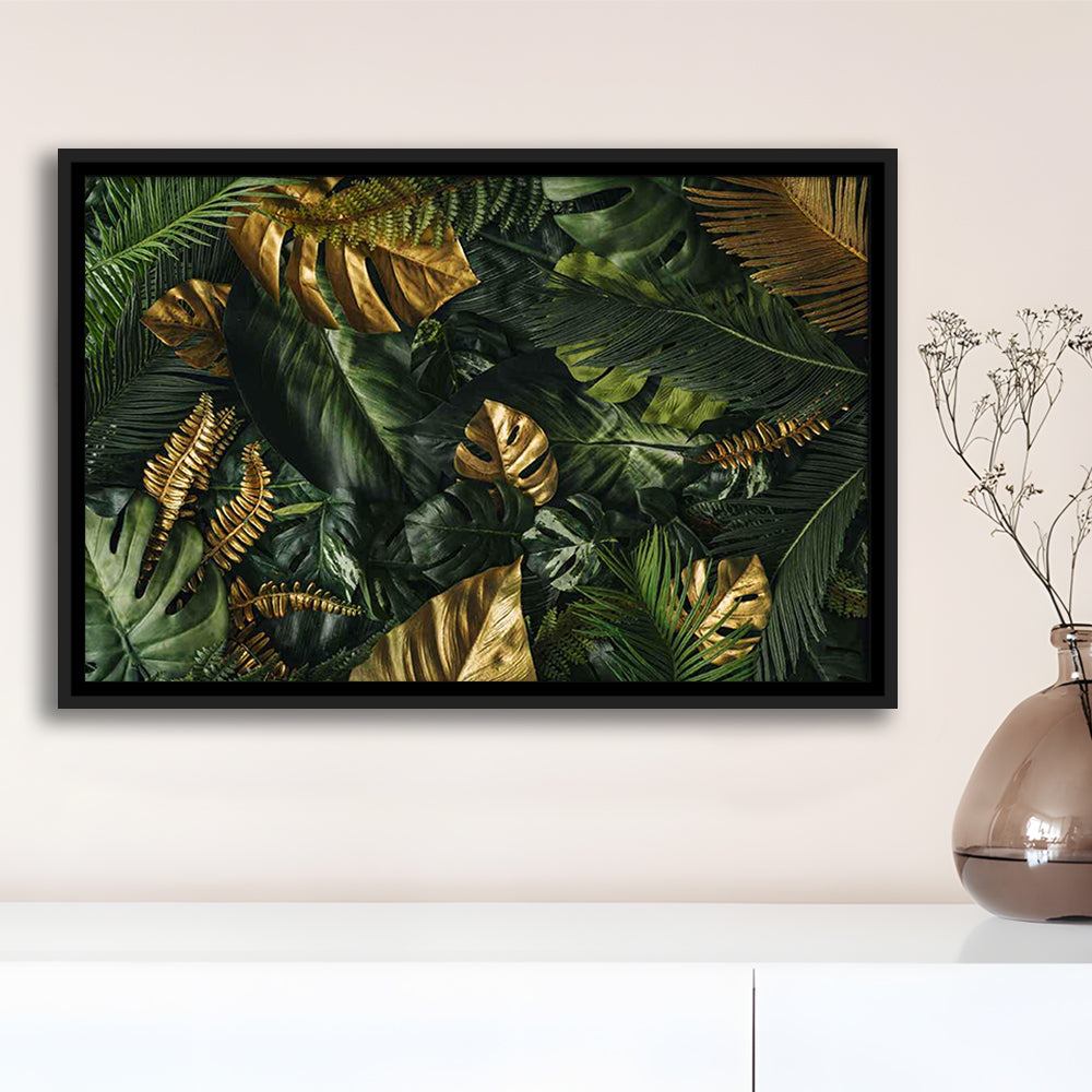 Green And Golden Tropical Foliages Canvas Print, Extra Large Wall Art, Framed Cavas Print, Floating Frame