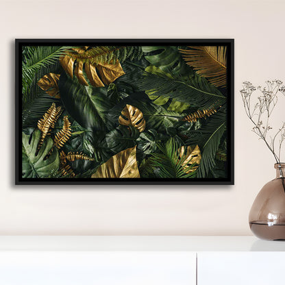 Green And Golden Tropical Foliages Canvas Print, Extra Large Wall Art, Framed Cavas Print, Floating Frame