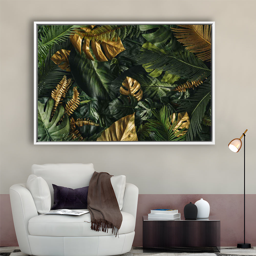 Green And Golden Tropical Foliages Canvas Print, Extra Large Wall Art, Framed Cavas Print, Floating Frame
