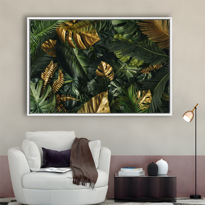 Green And Golden Tropical Foliages Canvas Print, Extra Large Wall Art, Framed Cavas Print, Floating Frame
