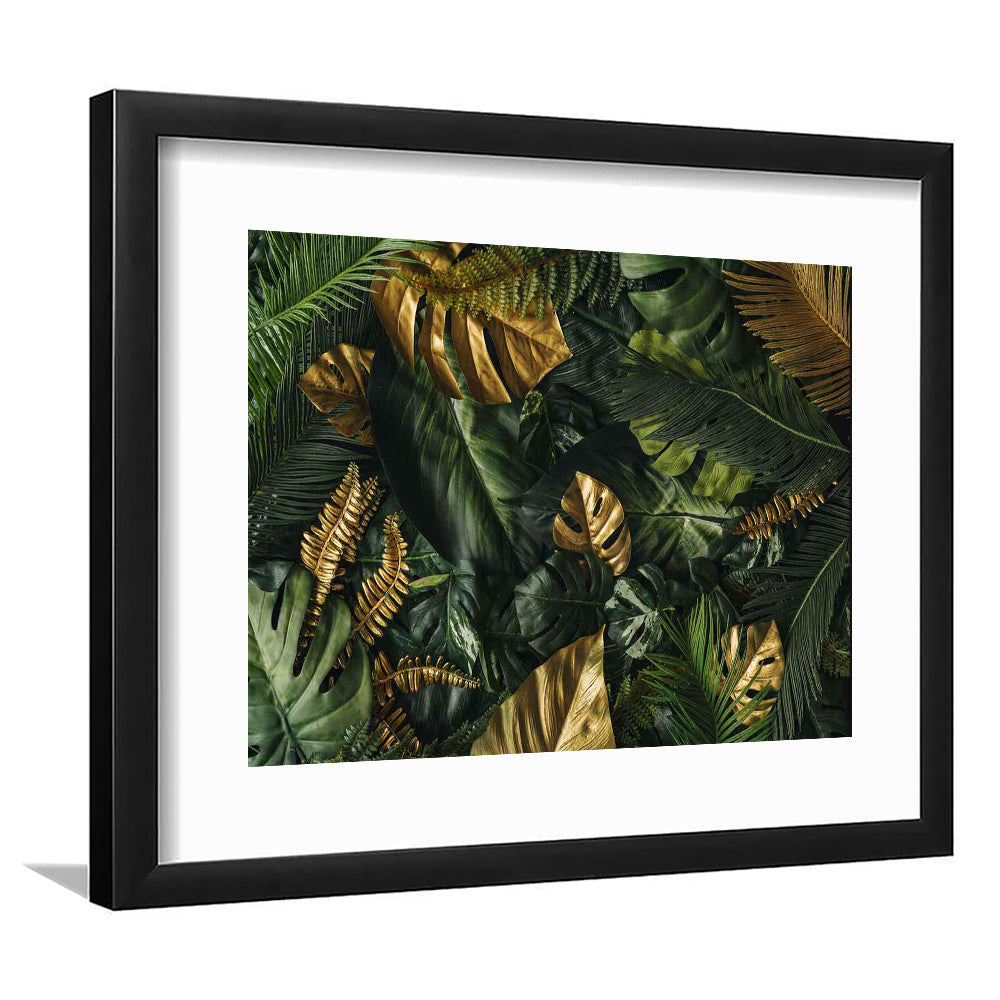 Green And Golden Tropical Foliages Art Print, Extra Large Wall Art, Floral Decor, Framed Art Print White Border