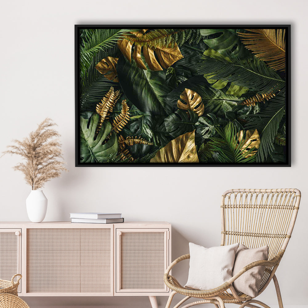 Green And Golden Tropical Foliages Canvas Print, Extra Large Wall Art, Framed Cavas Print, Floating Frame