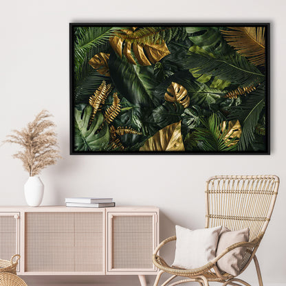 Green And Golden Tropical Foliages Canvas Print, Extra Large Wall Art, Framed Cavas Print, Floating Frame