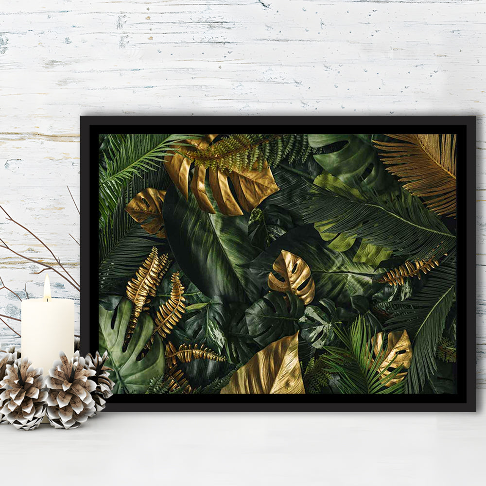 Green And Golden Tropical Foliages Canvas Print, Extra Large Wall Art, Framed Cavas Print, Floating Frame