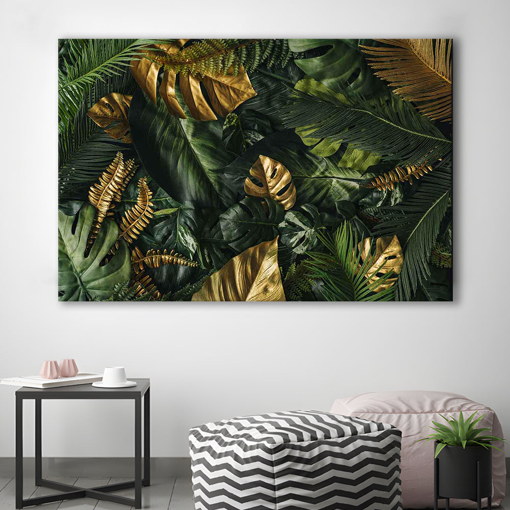Green and Golden Tropical Foliages Canvas Print, Extra Large Wall Art, Floral Decor, Cavas Print Wall Art Hom Decor