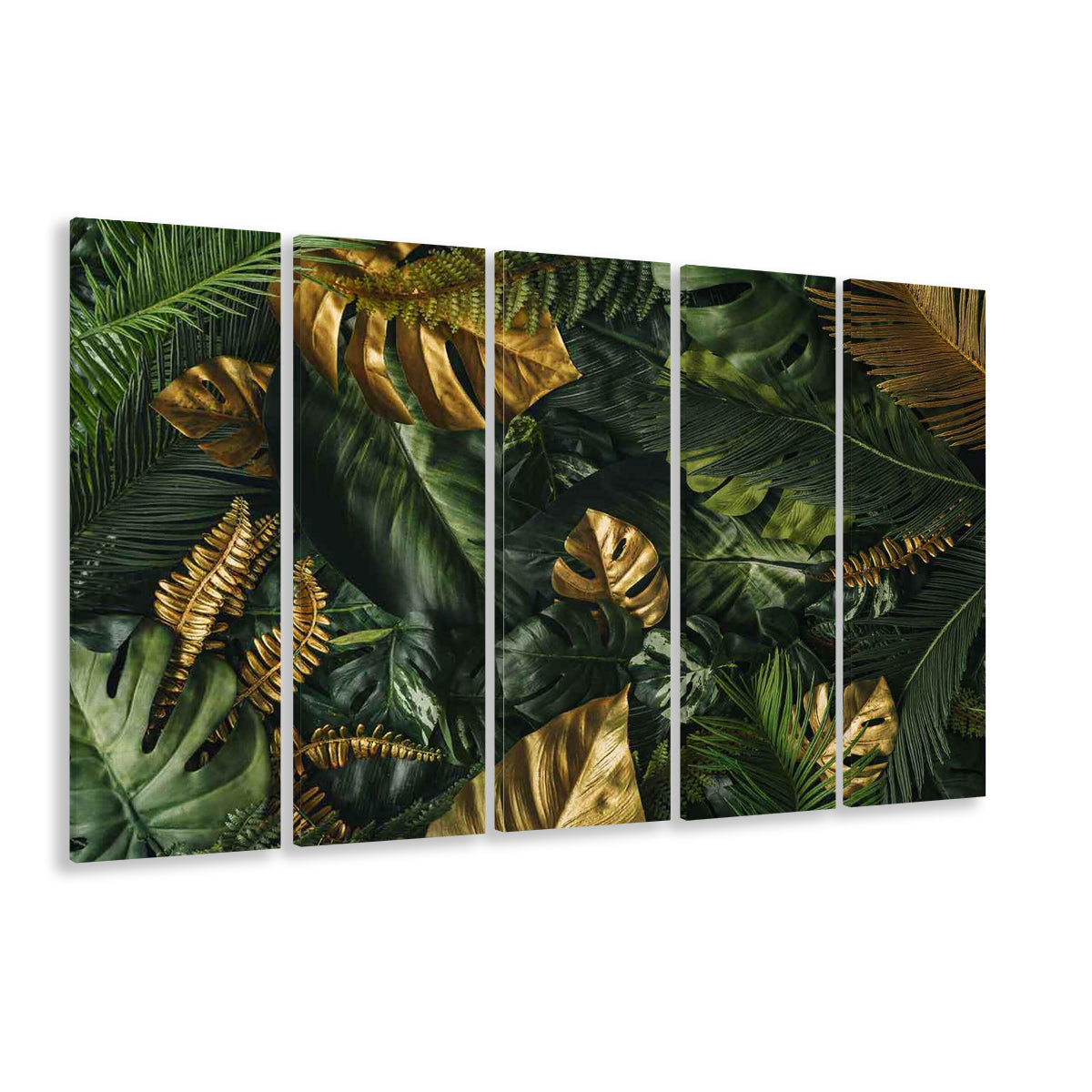 Green and Golden Tropical Foliages Canvas Print, Floral Decor, 5 Piece B Extra Large Cavas Print Wall Art Decor