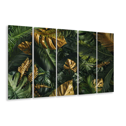 Green and Golden Tropical Foliages Canvas Print, Floral Decor, 5 Piece B Extra Large Cavas Print Wall Art Decor