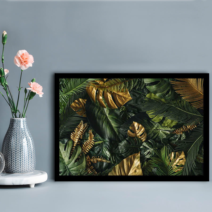 Green And Golden Tropical Foliages Art Prints, Extra Large Wall Art, Floral Decor, Framed Art Print, Picture Framed