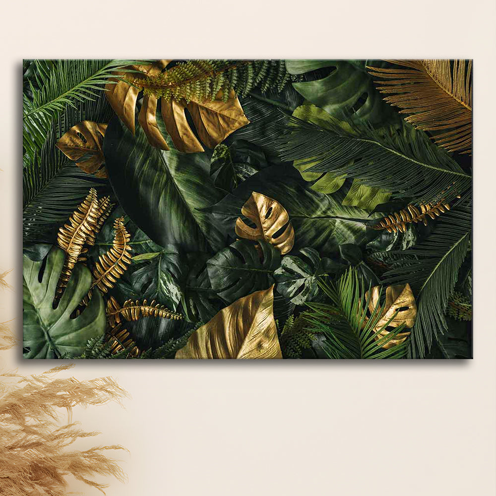 Green and Golden Tropical Foliages Canvas Print, Extra Large Wall Art, Floral Decor, Cavas Print Wall Art Hom Decor