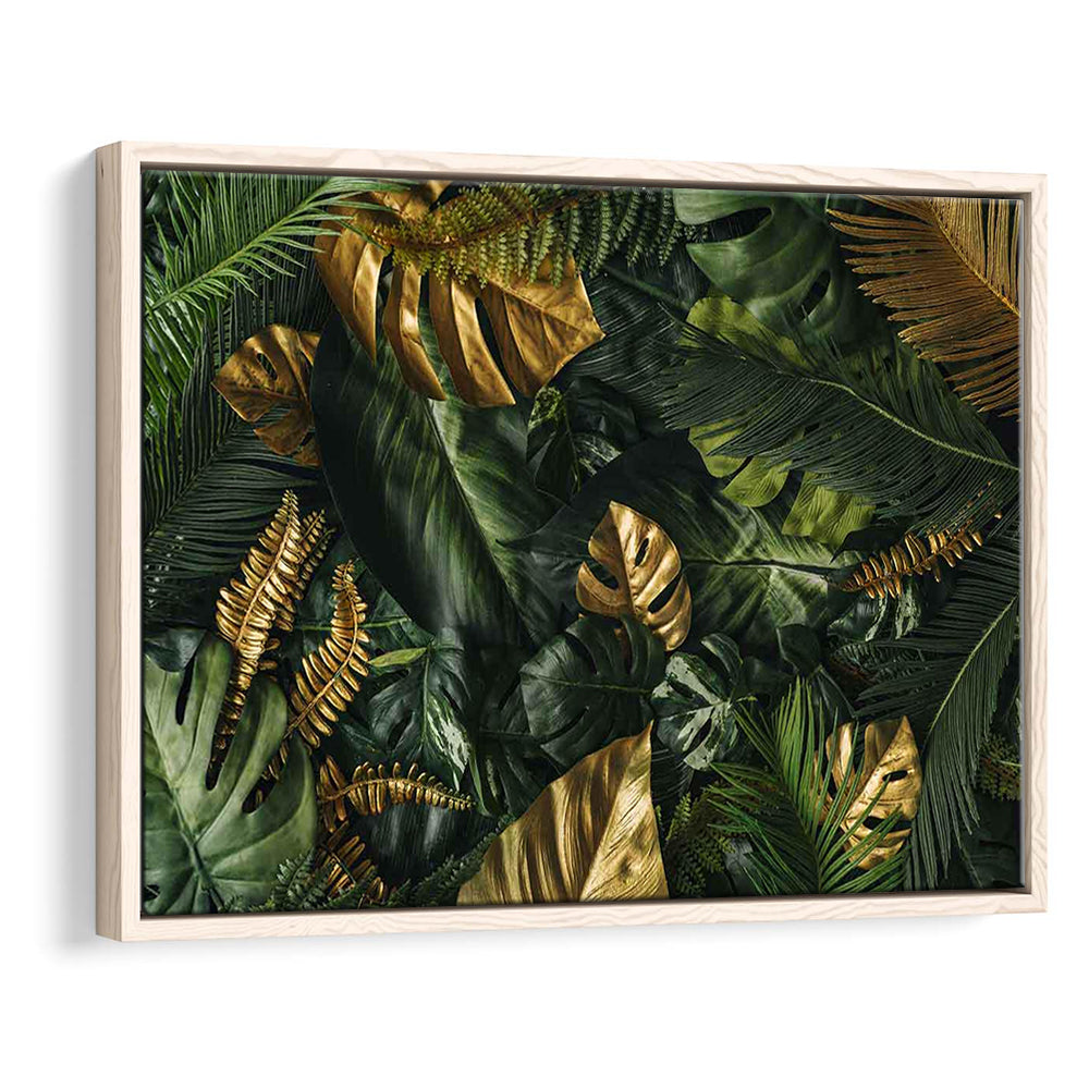 Green And Golden Tropical Foliages Canvas Print, Extra Large Wall Art, Framed Cavas Print, Floating Frame