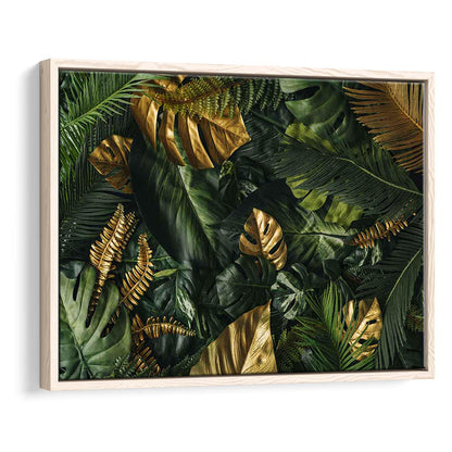 Green And Golden Tropical Foliages Canvas Print, Extra Large Wall Art, Framed Cavas Print, Floating Frame
