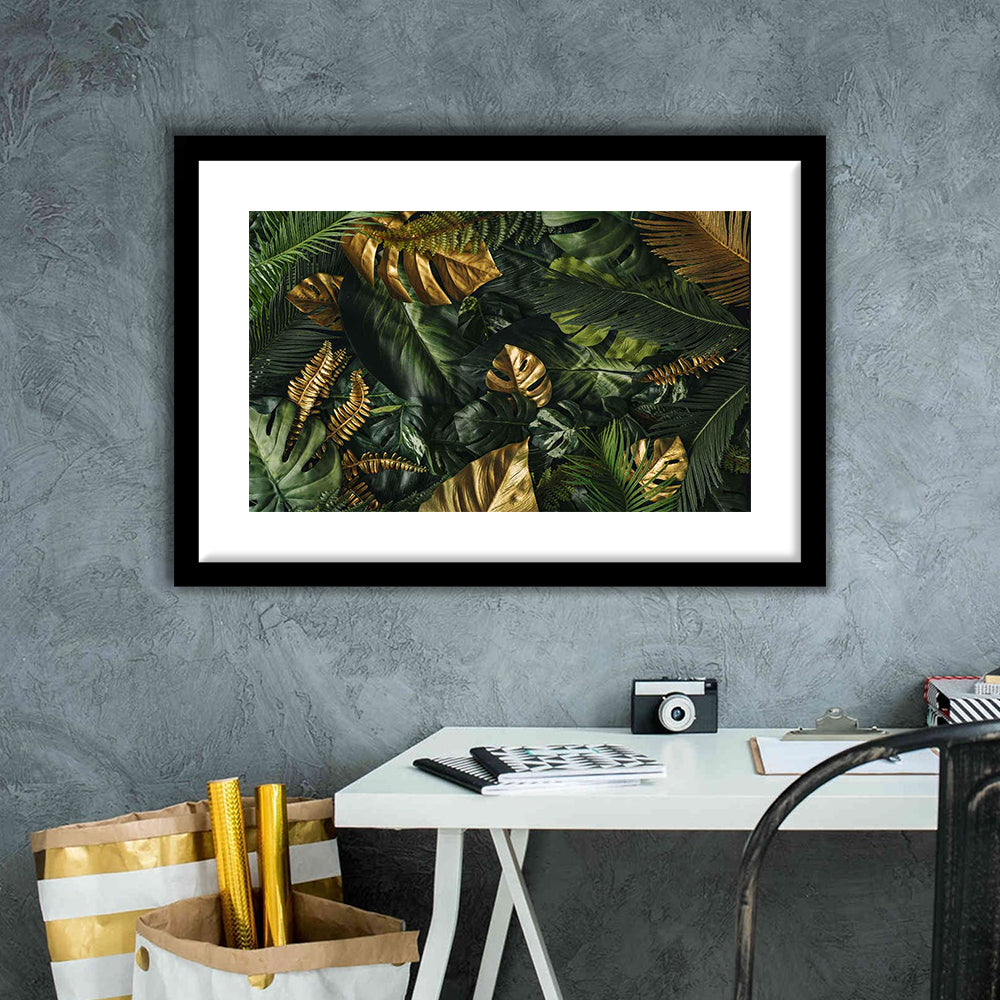Green And Golden Tropical Foliages Art Print, Extra Large Wall Art, Floral Decor, Framed Art Print White Border