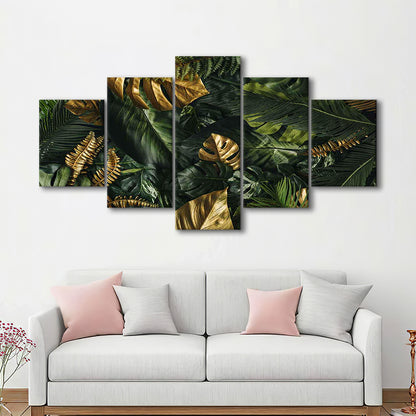 Green and Golden Tropical Foliages Canvas Print, Extra Large Wall Art, Floral Decor, 5 Piece Large Cavas Print Wall Art