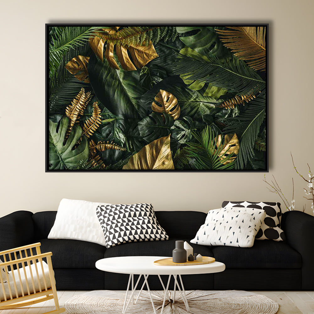 Green And Golden Tropical Foliages Canvas Print, Extra Large Wall Art, Framed Cavas Print, Floating Frame