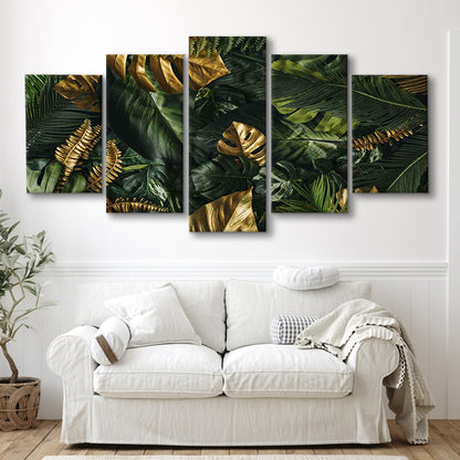 Green and Golden Tropical Foliages Canvas Print, Extra Large Wall Art, Floral Decor, 5 Piece Large Cavas Print Wall Art