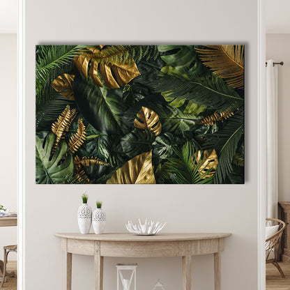 Green and Golden Tropical Foliages Canvas Print, Extra Large Wall Art, Floral Decor, Cavas Print Wall Art Hom Decor