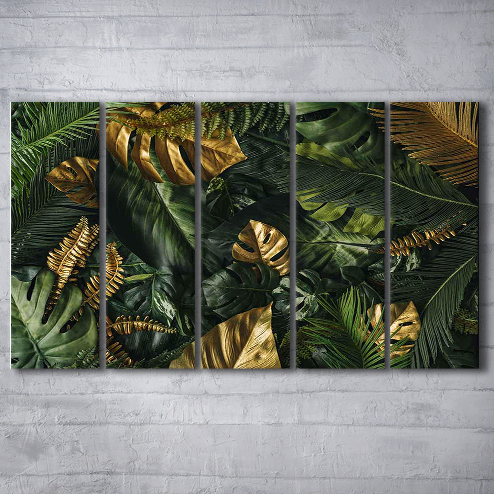 Green and Golden Tropical Foliages Canvas Print, Floral Decor, 5 Piece B Extra Large Cavas Print Wall Art Decor