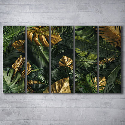 Green and Golden Tropical Foliages Canvas Print, Floral Decor, 5 Piece B Extra Large Cavas Print Wall Art Decor