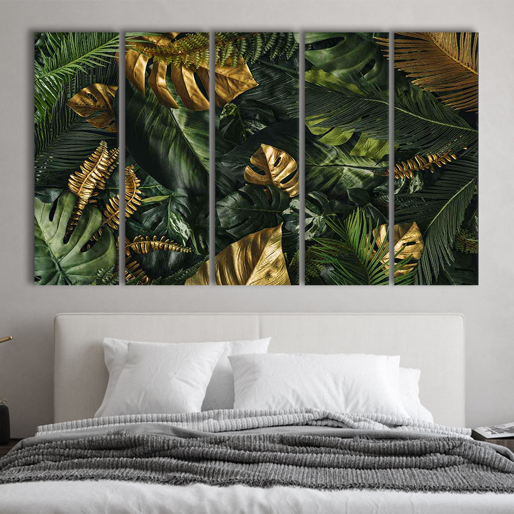 Green and Golden Tropical Foliages Canvas Print, Floral Decor, 5 Piece B Extra Large Cavas Print Wall Art Decor