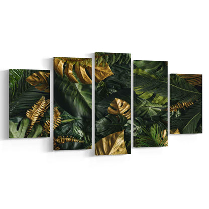 Green and Golden Tropical Foliages Canvas Print, Extra Large Wall Art, Floral Decor, 5 Piece Large Cavas Print Wall Art