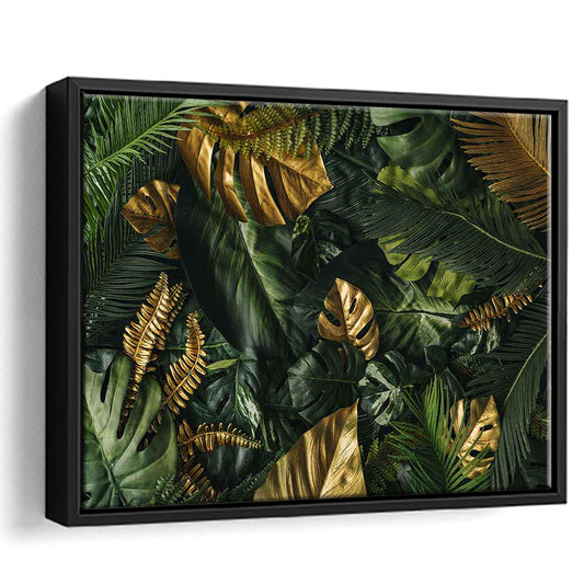 Green And Golden Tropical Foliages Canvas Print, Extra Large Wall Art, Framed Cavas Print, Floating Frame