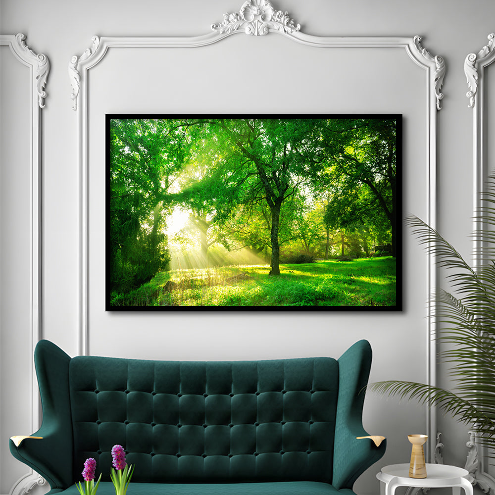 Green Forest Background With Morning Sunrise In Spring Season, Framed Art Print, Picture Framed