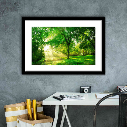 Green Forest Background With Morning Sunrise In Spring Season, Framed Art Print White Border
