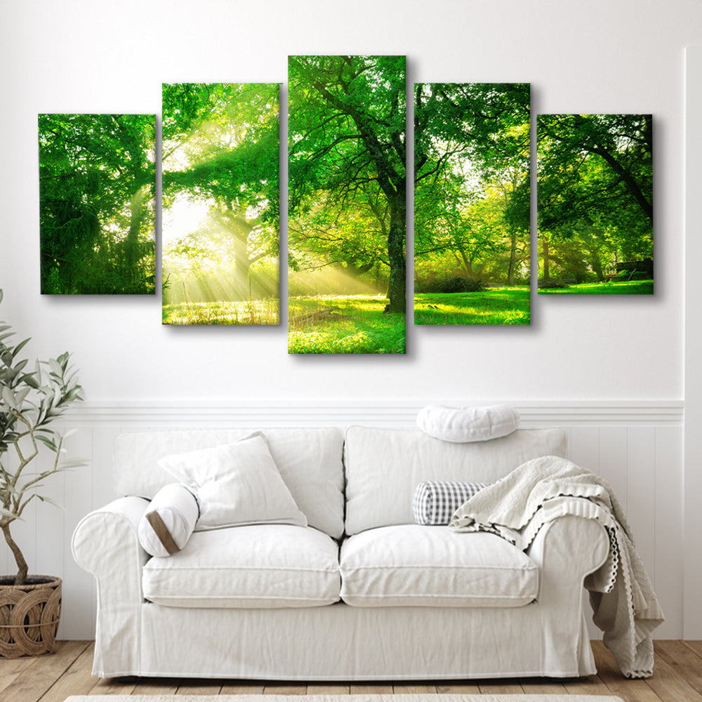 Green forest background with morning sunrise in spring season, 5 Piece Large Cavas Print Wall Art