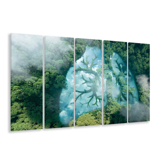 Green forest of planet Earth Forest art, Nature Earth Forest landscape, 5 Panel B Canvas Print Wall Art, Extra Large Canvas