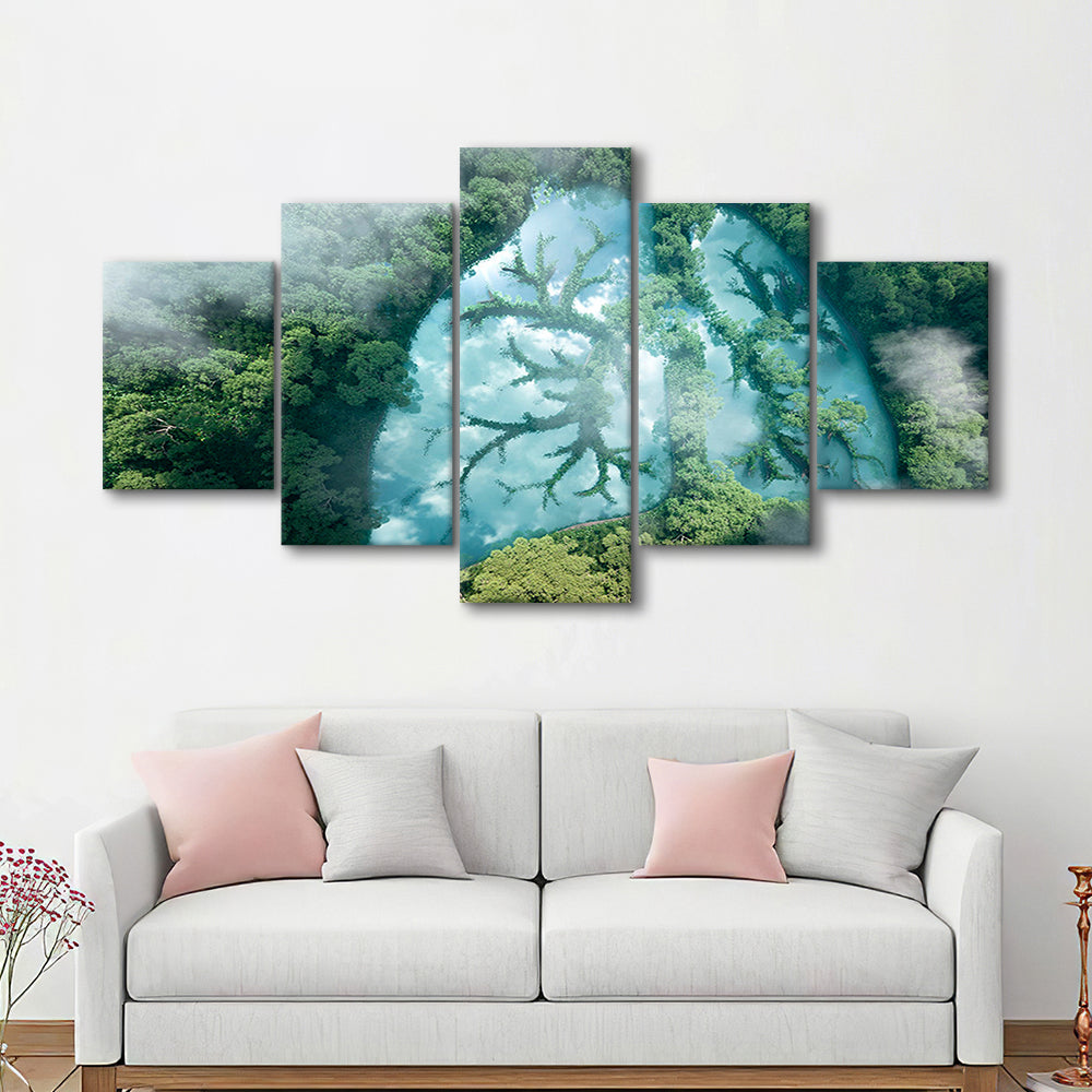 Green forest of planet Earth Forest art, Nature Earth Forest landscape, 5 Panel Mixed Canvas Print Wall Art, Large Canvas