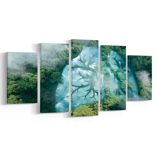 Green forest of planet Earth Forest art, Nature Earth Forest landscape, 5 Panel Mixed Canvas Print Wall Art, Large Canvas