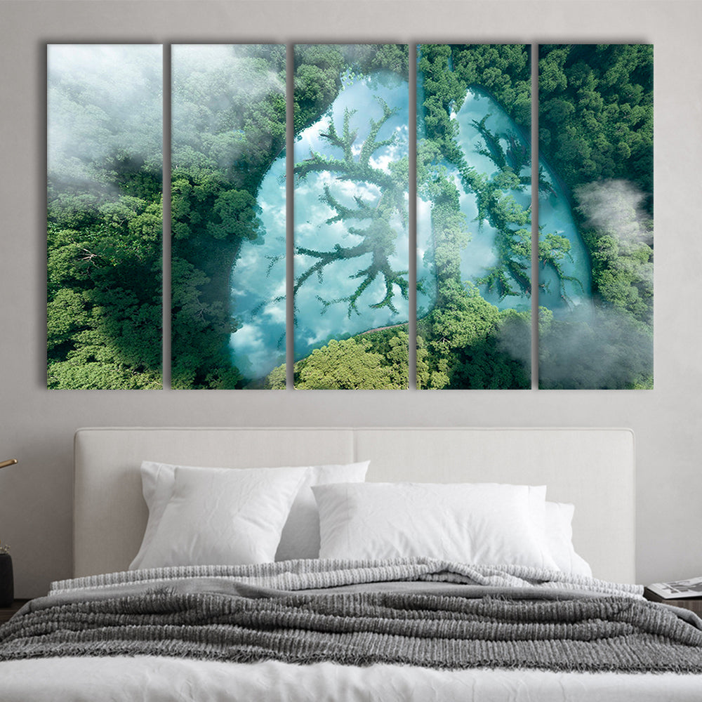 Green forest of planet Earth Forest art, Nature Earth Forest landscape, 5 Panel B Canvas Print Wall Art, Extra Large Canvas