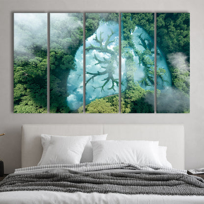 Green forest of planet Earth Forest art, Nature Earth Forest landscape, 5 Panel B Canvas Print Wall Art, Extra Large Canvas
