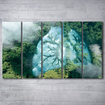Green forest of planet Earth Forest art, Nature Earth Forest landscape, 5 Panel B Canvas Print Wall Art, Extra Large Canvas