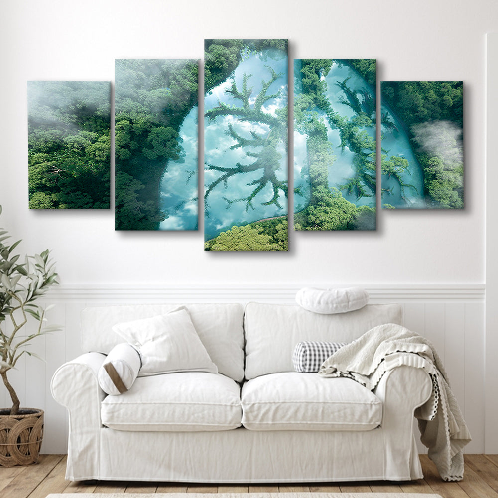 Green forest of planet Earth Forest art, Nature Earth Forest landscape, 5 Panel Mixed Canvas Print Wall Art, Large Canvas