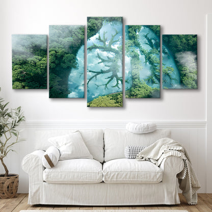 Green forest of planet Earth Forest art, Nature Earth Forest landscape, 5 Panel Mixed Canvas Print Wall Art, Large Canvas