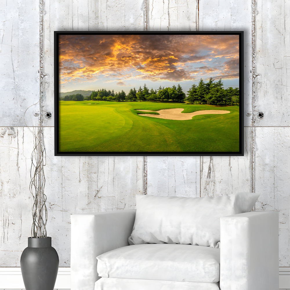 Green Grass And Woods On A Golf Field, Floating Framed Canvas Print Wall Art